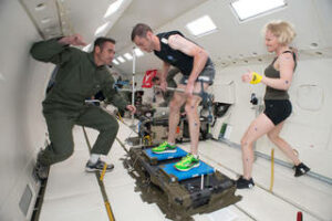 Researchers test hardware during a parabolic flight.