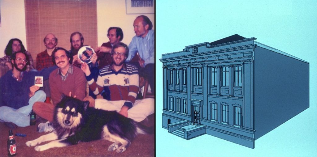 Left image: Sepia toned, grainier older snapshot of a group of eight people sit on the floor with a large husky laying at their feet. Right image: an architectural rendering of a building, three quarters view, on a teal background.