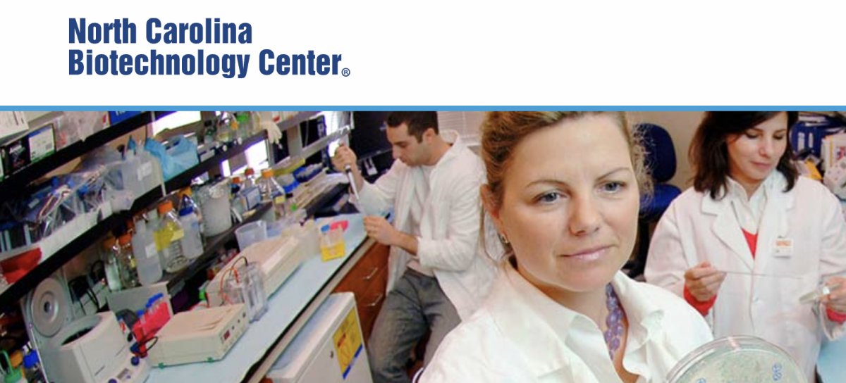 North Carolina Biotechnology Center logo and a lab scene with three scientists working